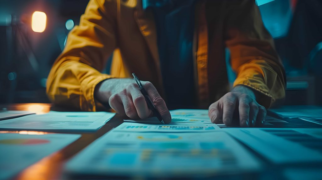 A person in a yellow jacket examining documents and graphs on a dimly lit desk, representing detailed analysis and research work.