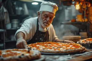 An experienced pizza chef carefully preparing a pizza in a traditional kitchen, highlighting craftsmanship and attention to quality.