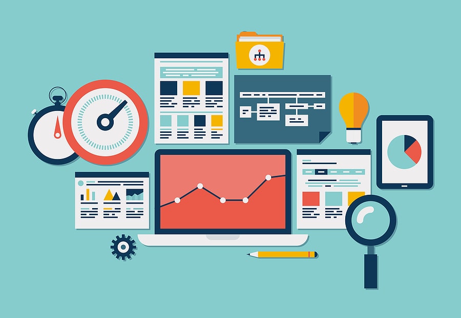 Flat design vector illustration icons set of website SEO optimization programming process and web analytics elements. Isolated on turquoise background