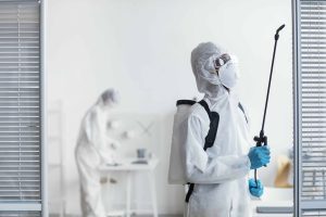 A pest control worker in full protective gear, using a sprayer to treat an indoor area, representing professionalism and thoroughness in pest management services.