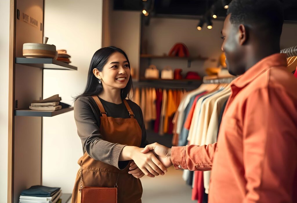 a retail employee shaking hands with a customer in a shop